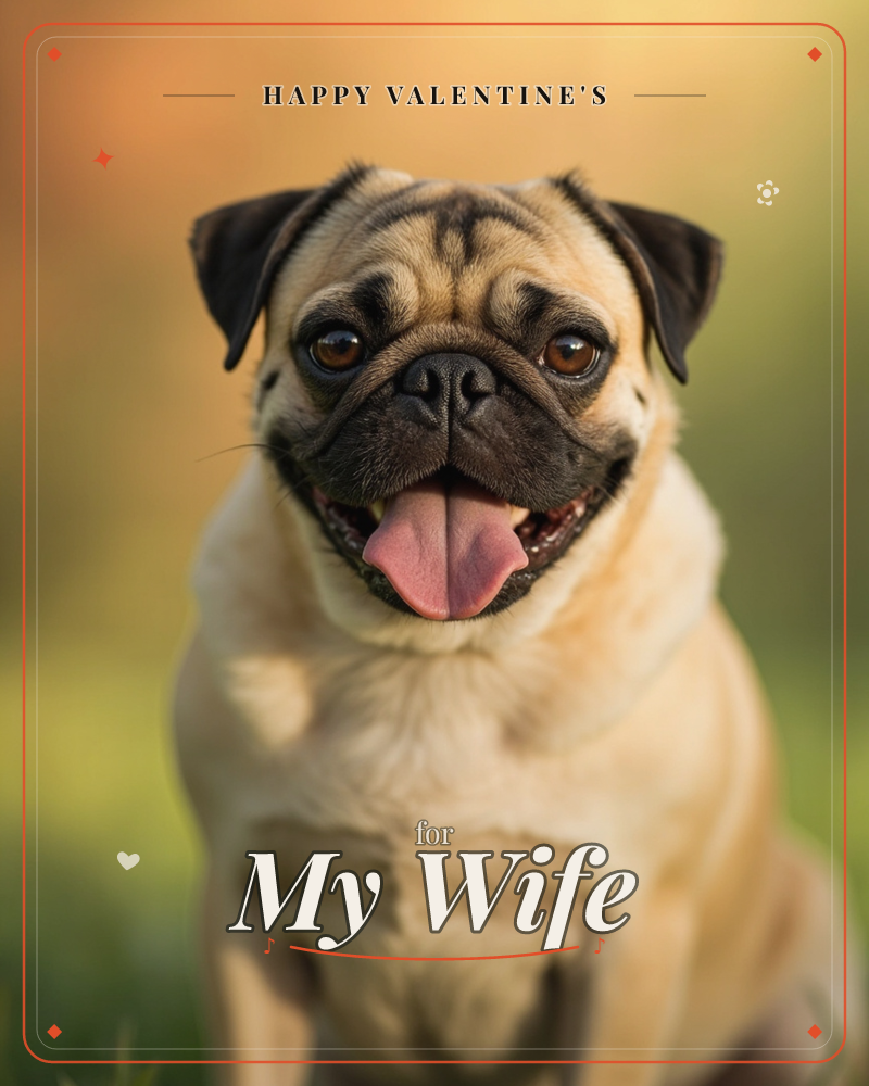 A pug sits on grass with its tongue happily hanging out, wrinkled face tilted toward the camera, a valentine e-card design