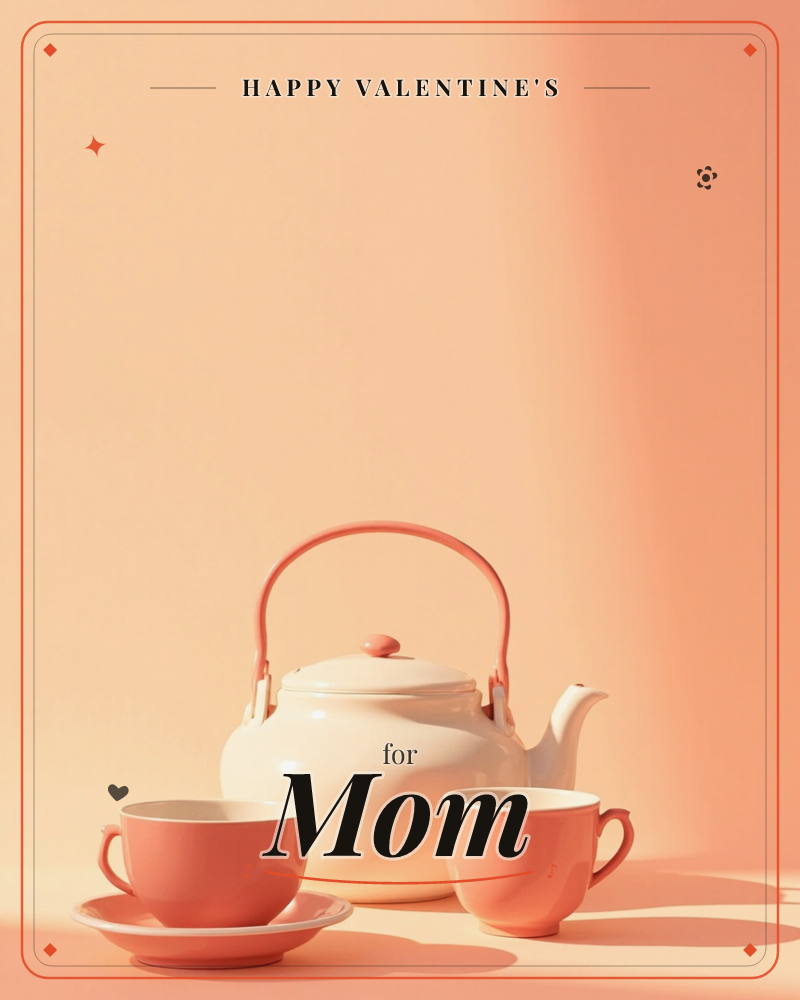 A cream teapot with a coral handle sits between two matching coral teacups, one resting on a saucer, all glowing under a warm peach-toned light against…, a valentine e-card design