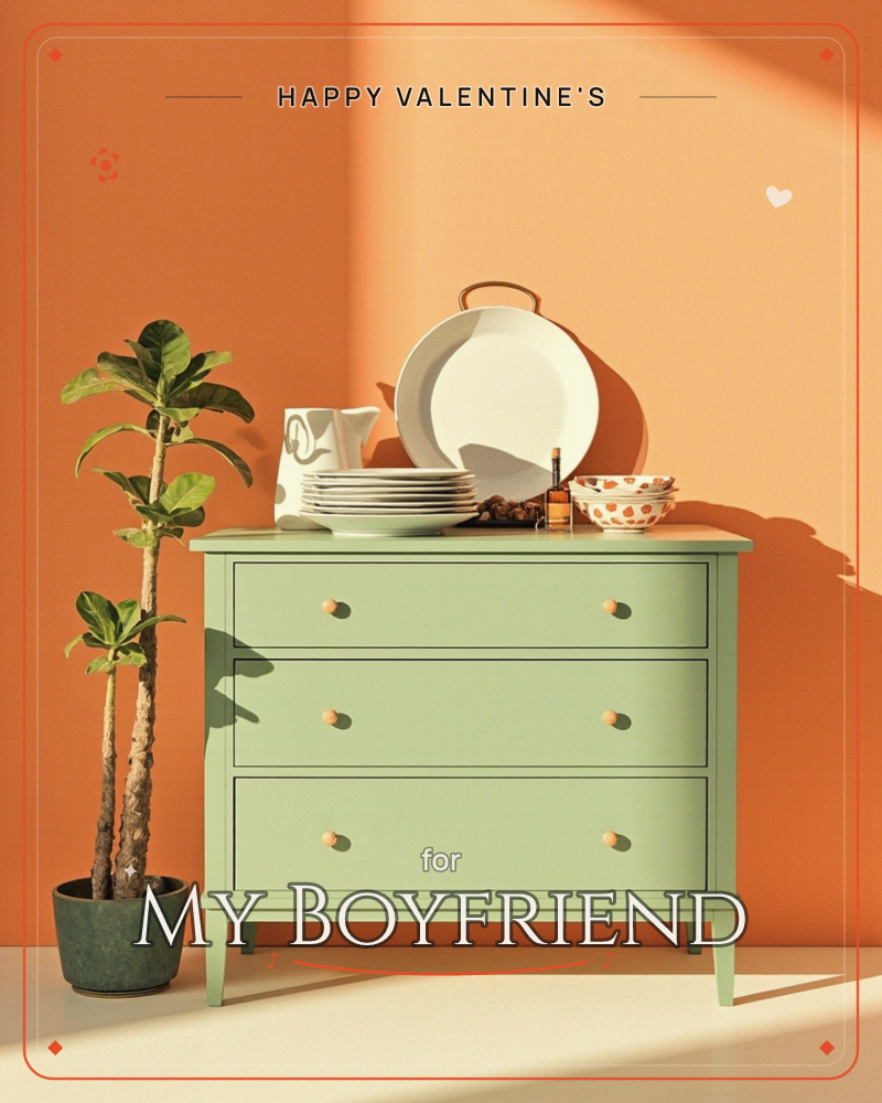 A sage-green three-drawer dresser stands against a bold burnt-orange wall, its top styled with stacked white plates, a mug, a small patterned bowl and…, a valentine e-card design