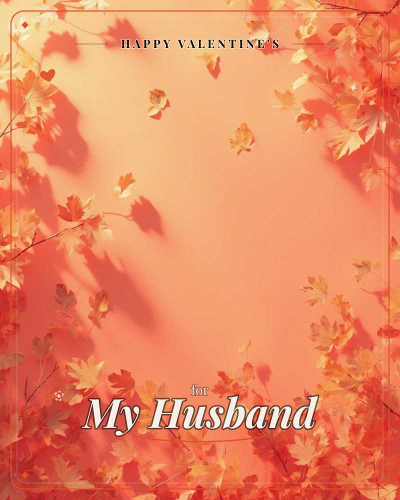 Maple leaves in gold and rust frame the edges of a warm coral-orange background, their branches casting long, crisp shadows across the flat colour, a valentine e-card design