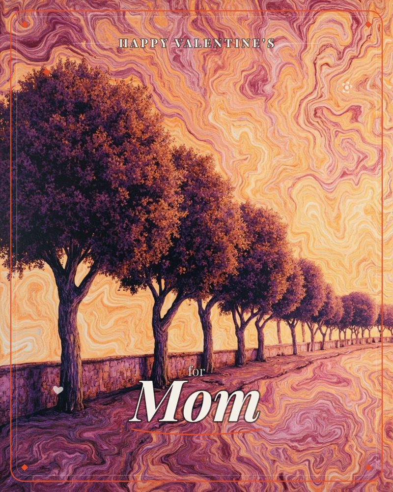 A row of trees lines a stone wall along a road that recedes into the distance, painted with swirling, marbled brushstrokes that turn the sky and ground…, a valentine e-card design