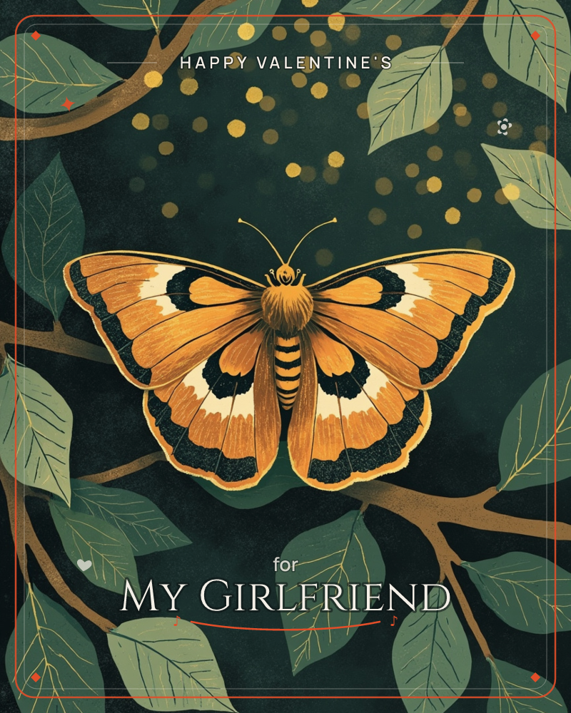 A large golden-orange moth spreads its patterned wings against a deep, dark green background, framed by curling branches and leaves, a valentine e-card design