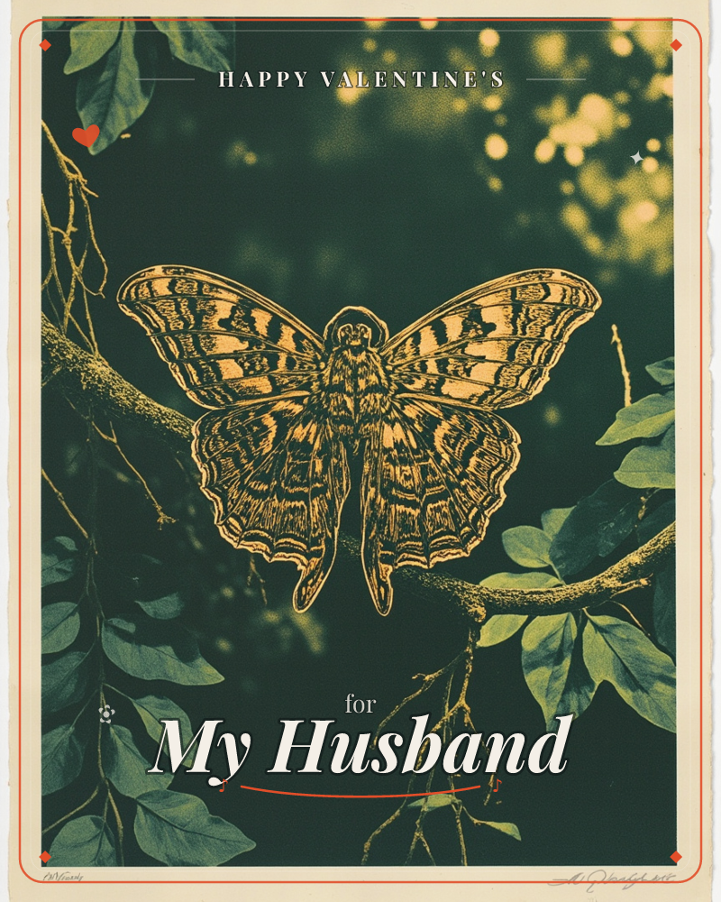 A large moth with intricately patterned wings rests on a leafy branch against a deep green backdrop scattered with soft golden light spots, a valentine e-card design