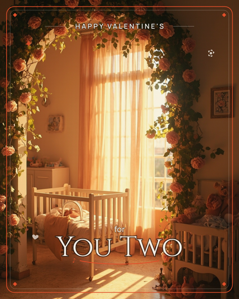 A sunlit nursery is framed by an archway thick with climbing roses and ivy, glowing amber in the late afternoon light, a valentine e-card design