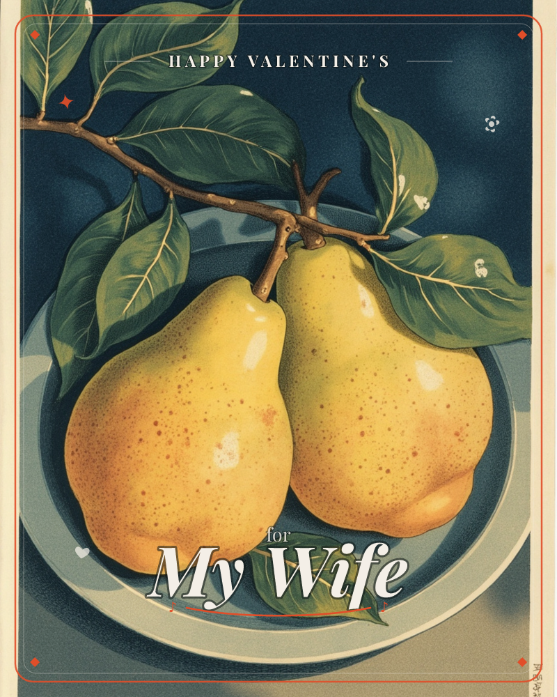 Two golden-yellow pears hang together on a leafy branch, resting on a pale blue plate against a deep teal background, a valentine e-card design