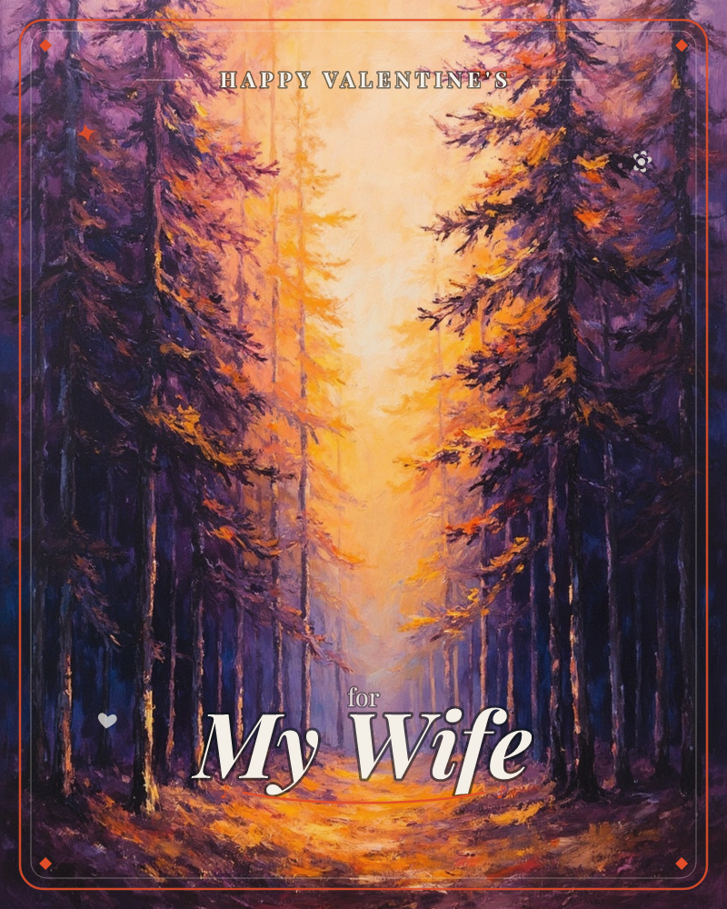 A forest path stretches straight ahead between tall pine trees, their trunks dark against a glowing amber light that floods in from somewhere deep…, a valentine e-card design