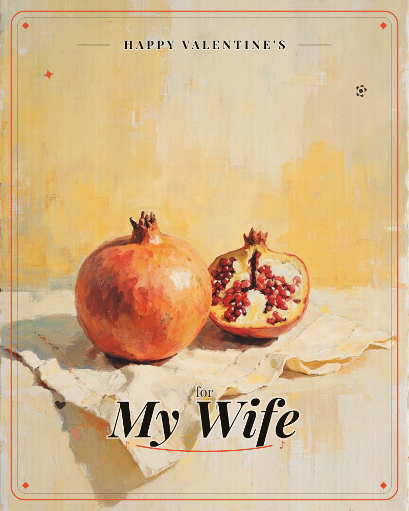 A whole pomegranate and its halved twin sit side by side on a crumpled white cloth, the cut fruit revealing rows of glistening red seeds, a valentine e-card design