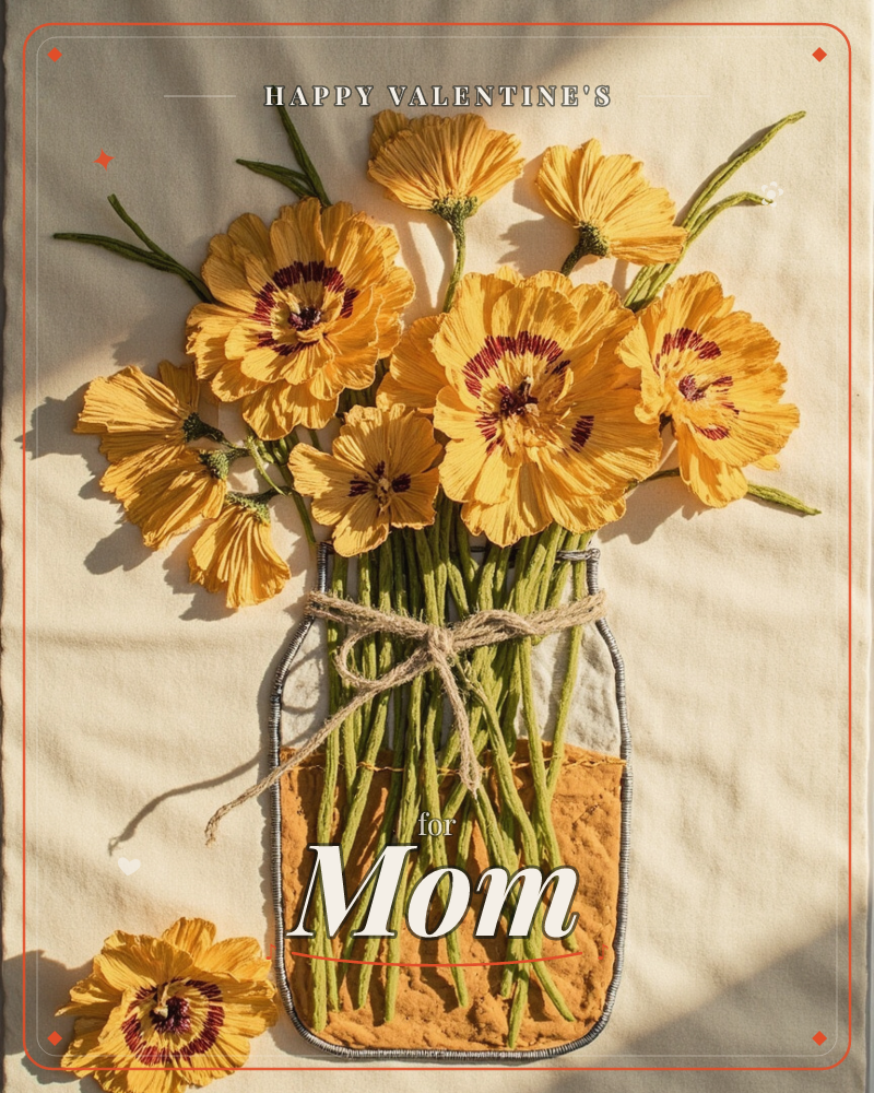 A bunch of golden-yellow poppies with deep maroon centres sits in a mason jar, its stems bundled with a rustic twine bow, all crafted from fabric and…, a valentine e-card design
