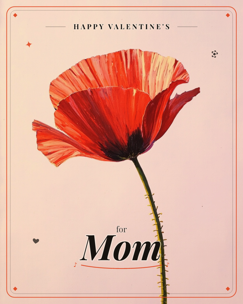 A single red poppy fills the page, its papery petals glowing where light passes through them and deepening to near-black at the flower's centre, a valentine e-card design