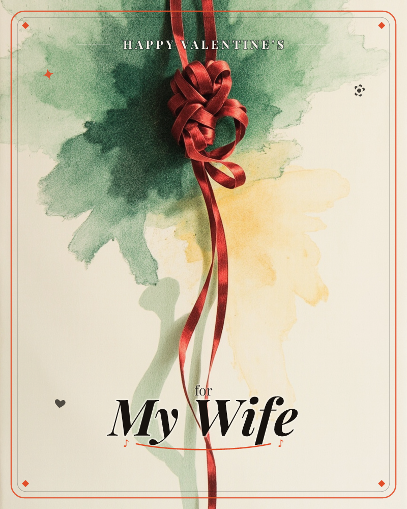 A deep red satin ribbon is twisted into an elaborate knot and left to trail down the page, its long ends casting a soft shadow across a cream background, a valentine e-card design