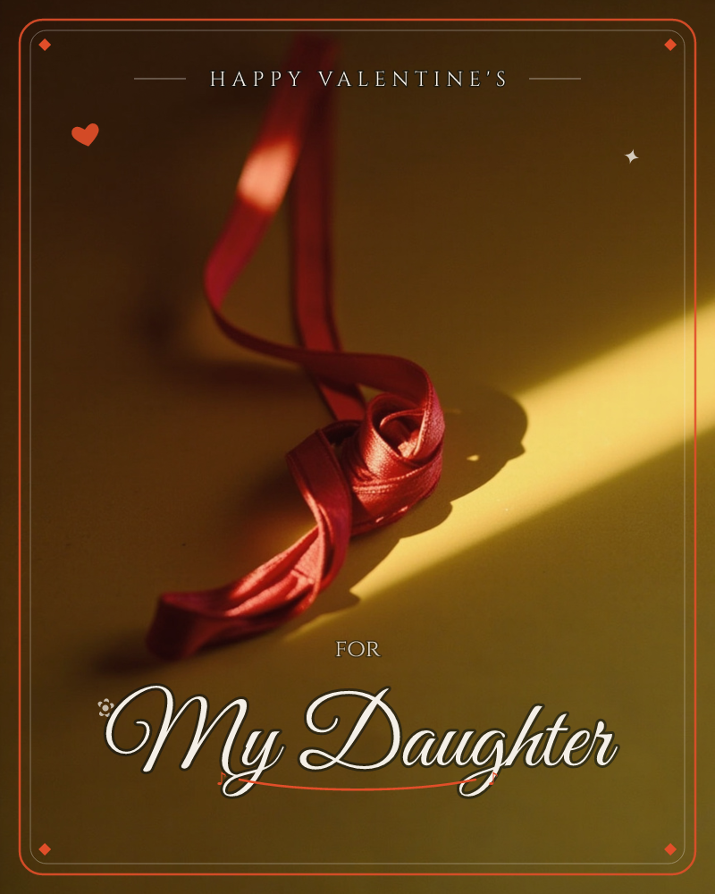 A curl of red satin ribbon lies loosely coiled on a warm gold surface, caught in a sharp diagonal beam of light that cuts across the shadowed background, a valentine e-card design