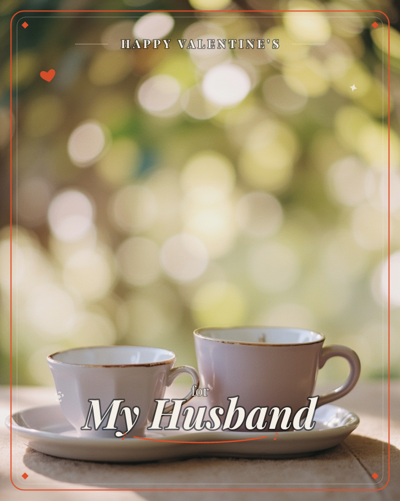 Two teacups with thin gold rims sit side by side on a shared white saucer, photographed outdoors with dappled sunlight breaking through leaves behind…, a valentine e-card design