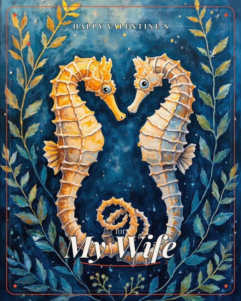 Two golden seahorses face each other nose to nose against a deep indigo sea, their curled tails linked together at the bottom in a loose loop, a valentine e-card design