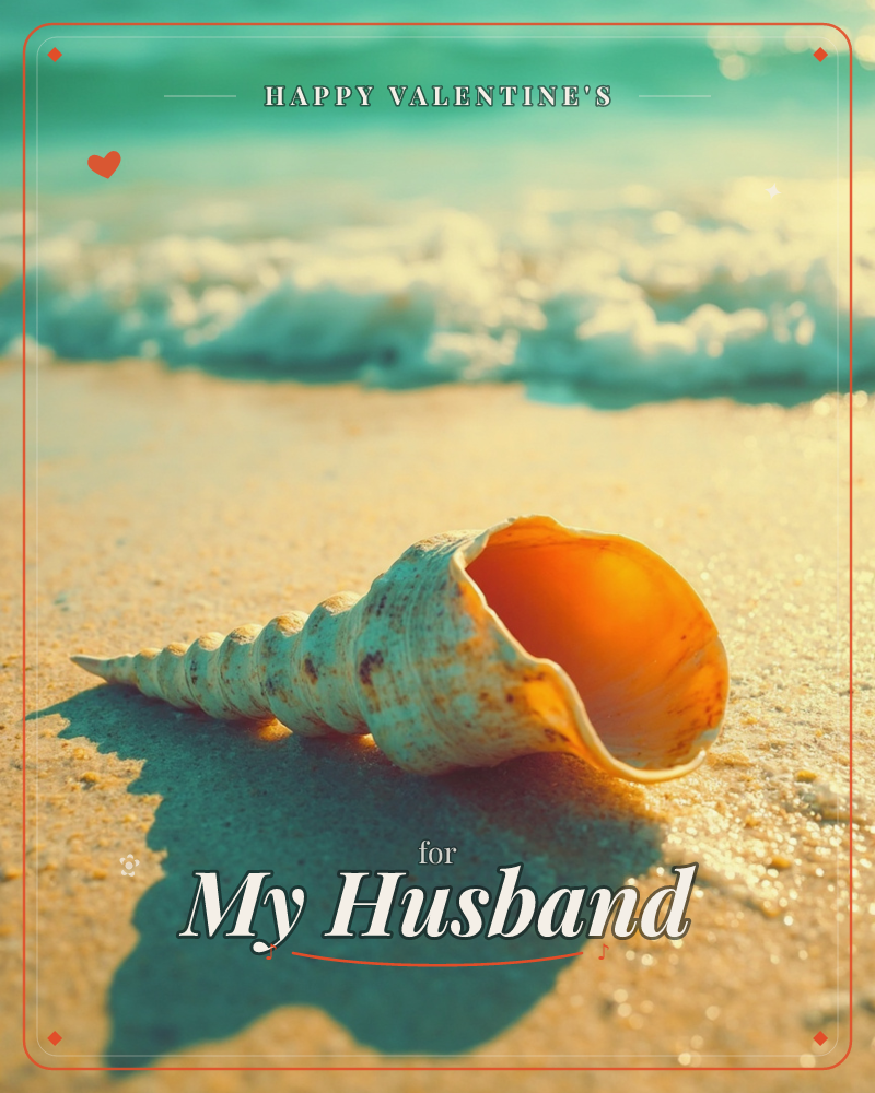 A spiral seashell with a glowing orange interior rests on wet sand, casting a long shadow as turquoise waves foam softly in the background, a valentine e-card design
