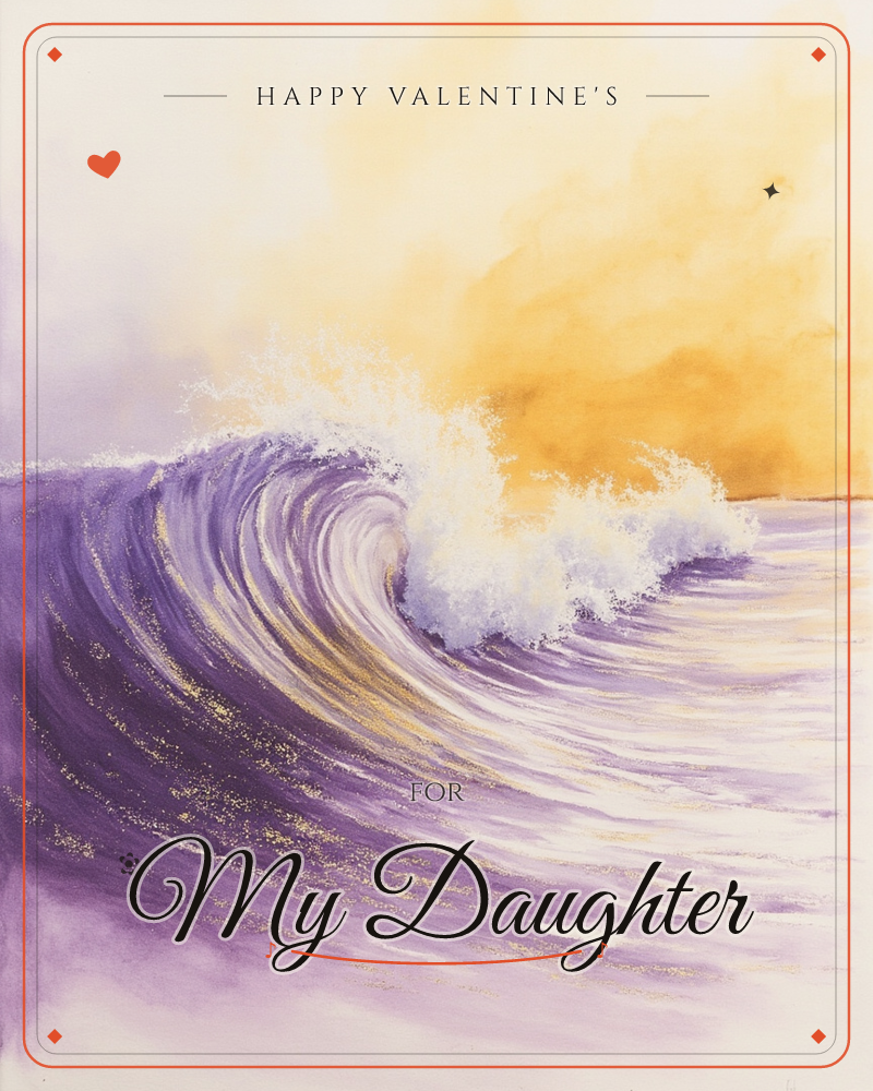 A single cresting wave curls across the page in deep violet, its foam breaking white against a sky washed in warm gold and amber, a valentine e-card design