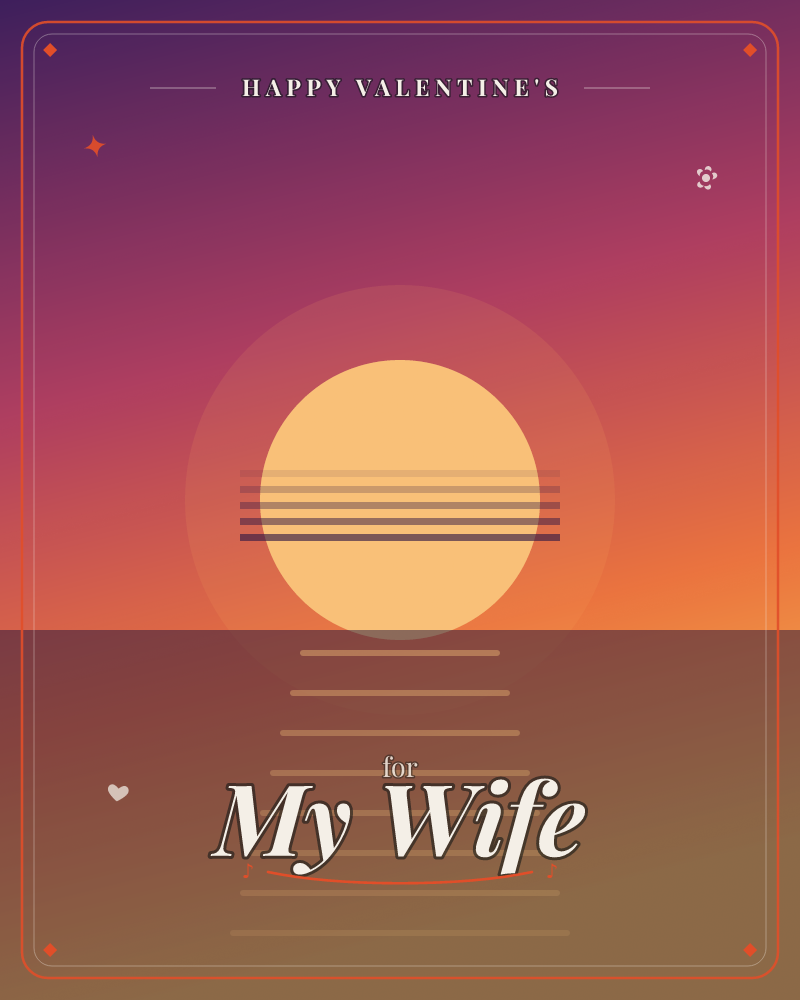 A large glowing sun sits low over a still horizon, crossed by thin dark horizontal bands, while the sky fades from deep purple through magenta into…, a valentine e-card design by @DittyCityTeam