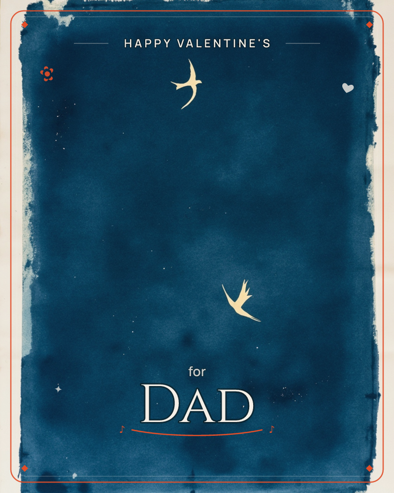 A deep indigo watercolour wash fills the page like a night sky, its edges left rough and unbleached where the paper shows through, a valentine e-card design