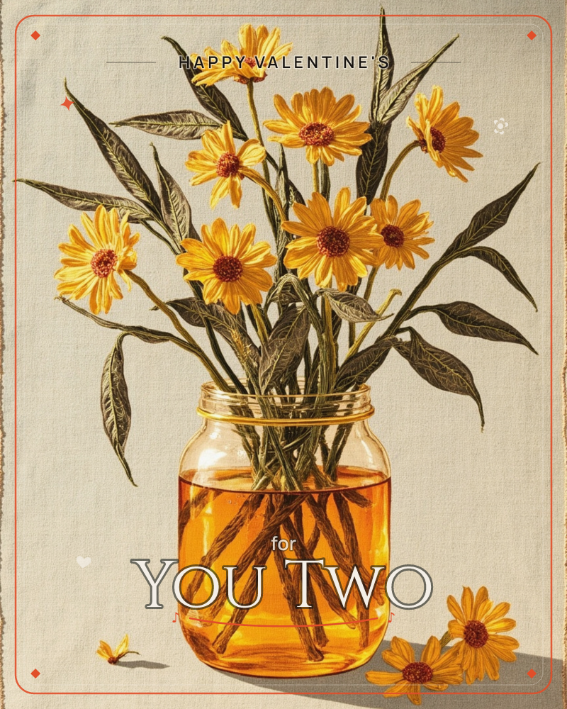 A glass mason jar filled with amber-tinted water holds a loose bunch of golden daisies with dark brown centres, their long stems visible through the glass, a valentine e-card design
