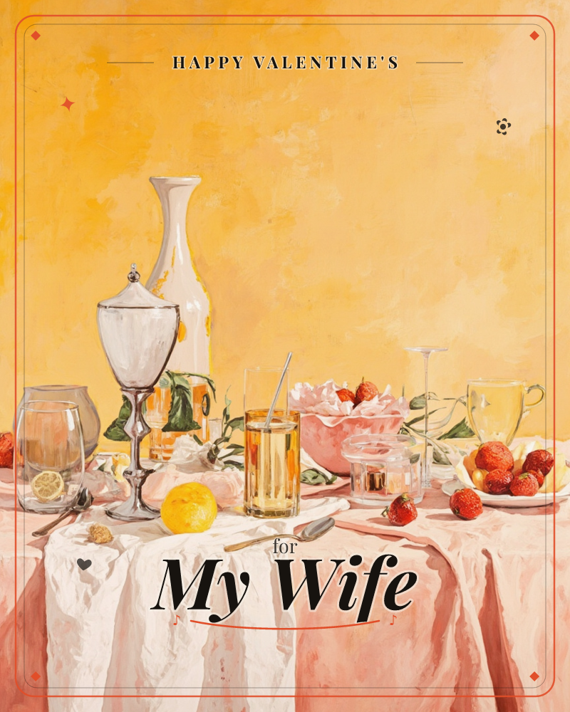 A sunlit still life shows a table draped in blush pink and white linen, crowded with glassware, a pale vase, a scalloped bowl of strawberries, and a…, a valentine e-card design
