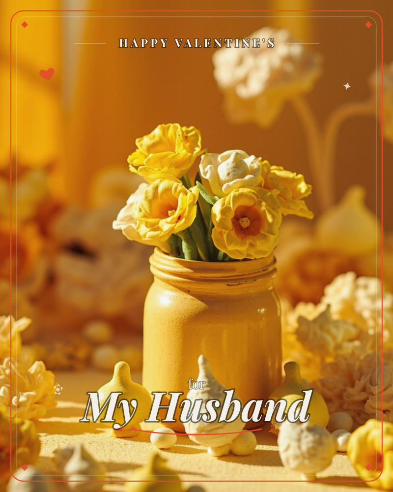 A yellow ceramic jar holds a cluster of ruffled yellow tulips, glowing warm and golden as if lit by late afternoon sun, a valentine e-card design