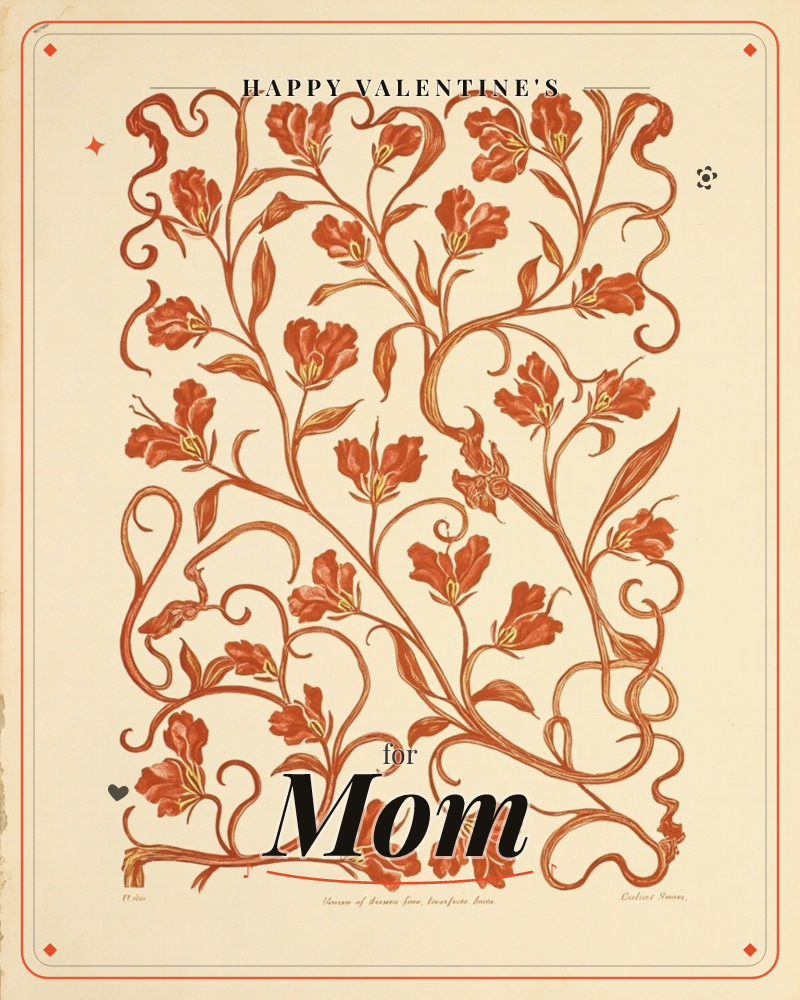 A symmetrical panel of curling red-orange flowers and vines fills the page against a soft cream background, each stem twisting into decorative loops…, a valentine e-card design