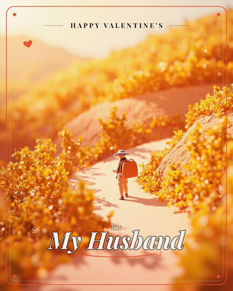 A small figure in a straw hat walks alone along a sandy path, carrying a satchel on their back, winding between hillsides thick with golden flowering…, a valentine e-card design
