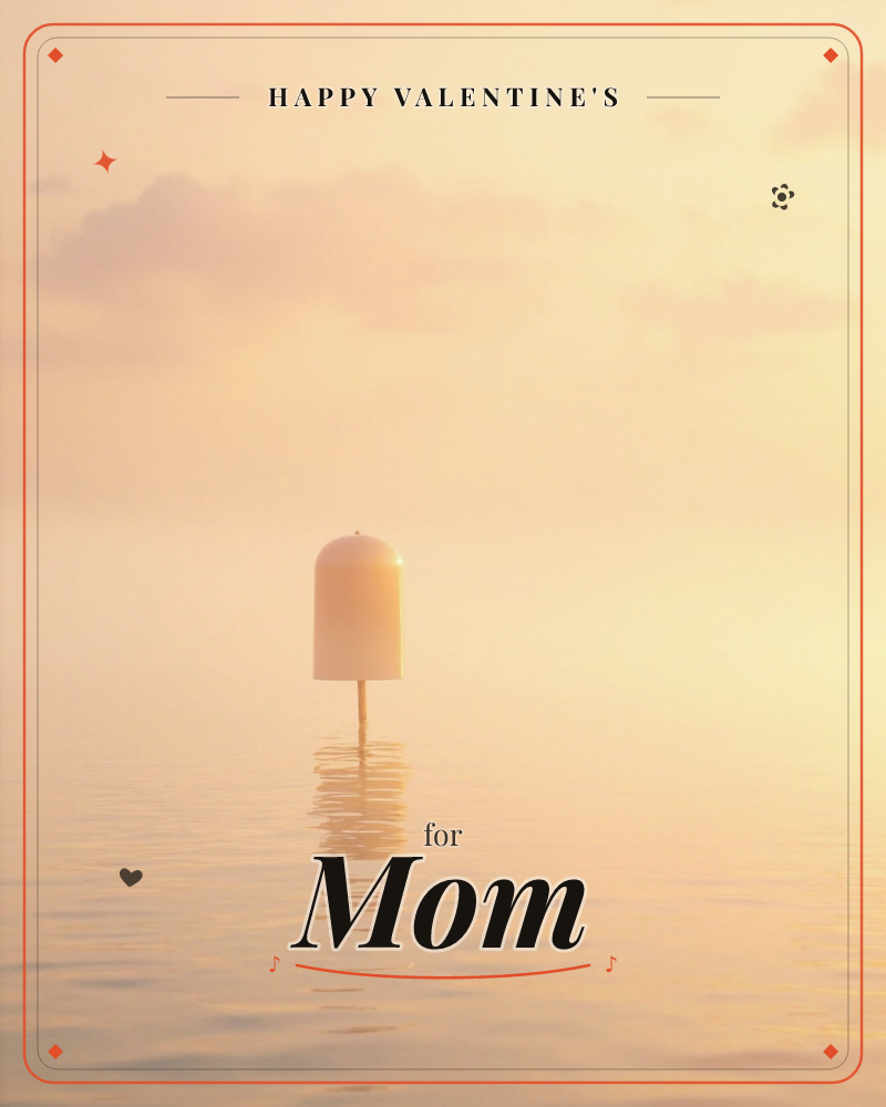 A single dome-topped buoy stands alone on a still, glowing sea at dawn or dusk, its reflection stretching down through calm water, a valentine e-card design