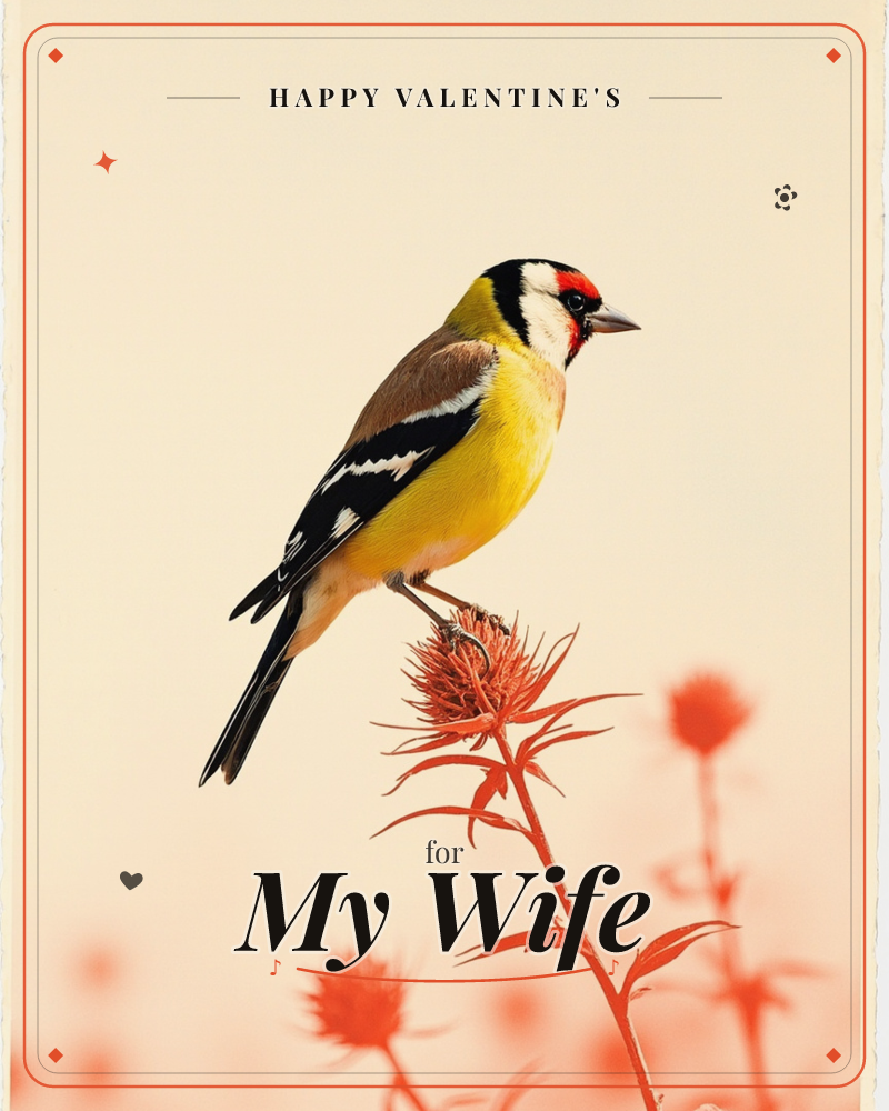 A goldfinch with a bright red face and black-and-yellow wings perches on the spiny head of a thistle, its slim legs gripping the dried seed head, a valentine e-card design