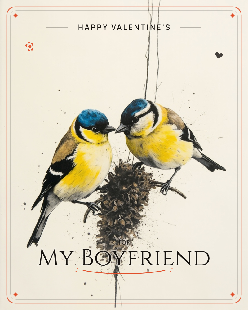 Two blue tits with bright yellow breasts and black-and-white striped heads perch face to face on a dangling seed-head, suspended by fine strings…, a valentine e-card design