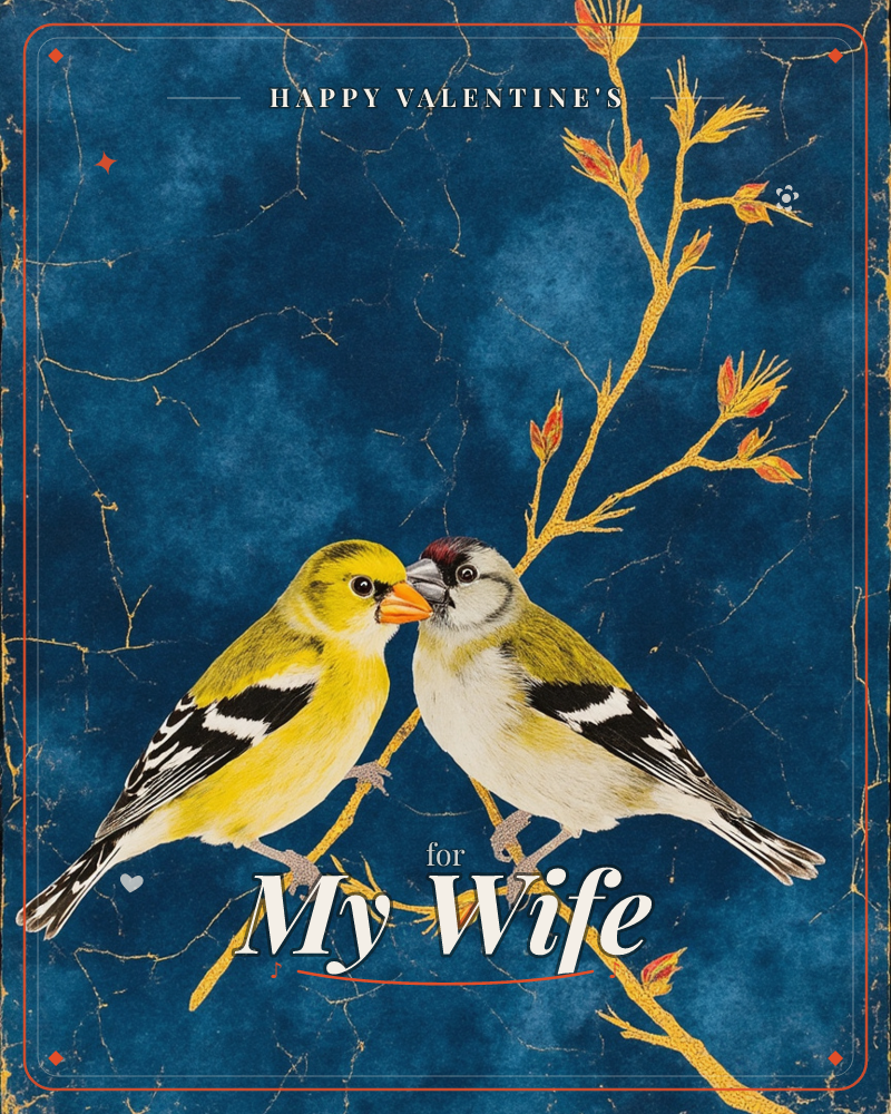 Two goldfinches perch beak to beak on a slender golden branch, their yellow, black and white feathers bright against a deep crackled indigo background, a valentine e-card design