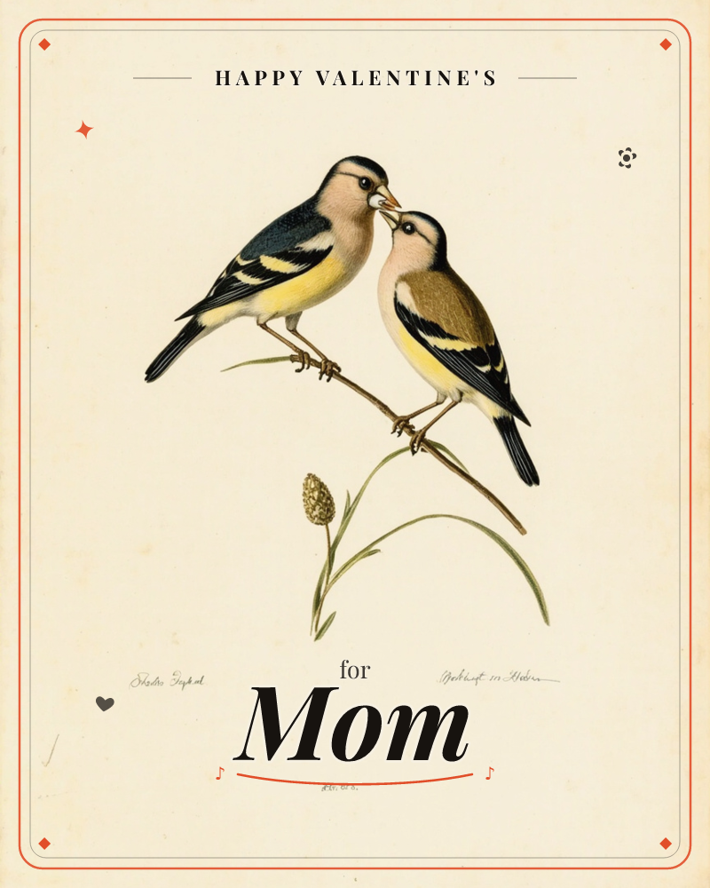 A vintage natural history print shows two goldfinches perched close together on a slender branch, beaks nearly touching as if in conversation, a valentine e-card design