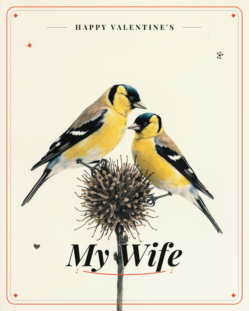 Two goldfinches in bright yellow and black plumage perch together on a dried, spiky seed head, angled toward one another as if in quiet conversation, a valentine e-card design