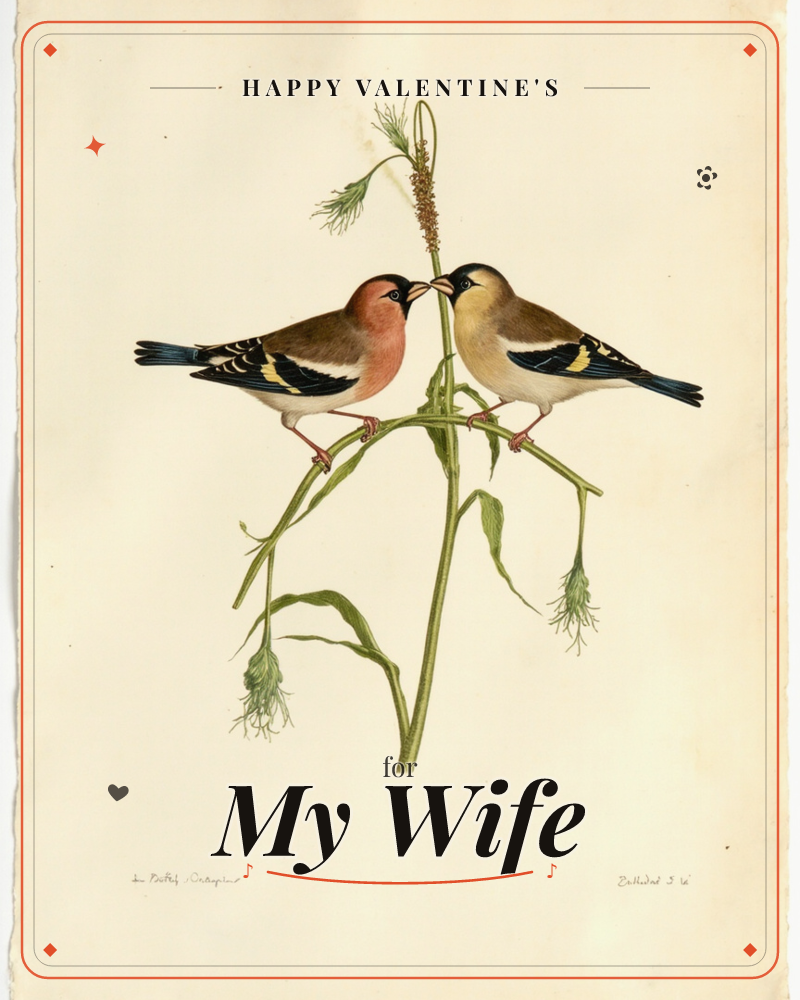 Two goldfinches with red-masked faces and black-and-yellow wings perch facing each other on a slender arching seed stalk, beaks nearly touching at the top, a valentine e-card design