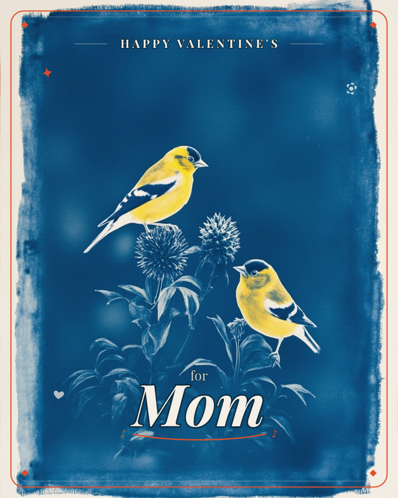 Two bright yellow goldfinches perch on spiky globe thistle blooms against a deep cyanotype-blue background with a hand-torn white border, a valentine e-card design
