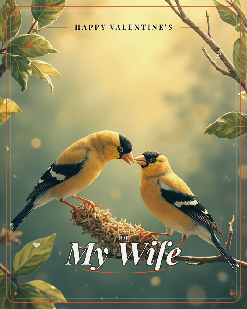 Two yellow-and-black finches perch beak to beak on a twig nest, framed by soft green leaves and golden backlight, a valentine e-card design