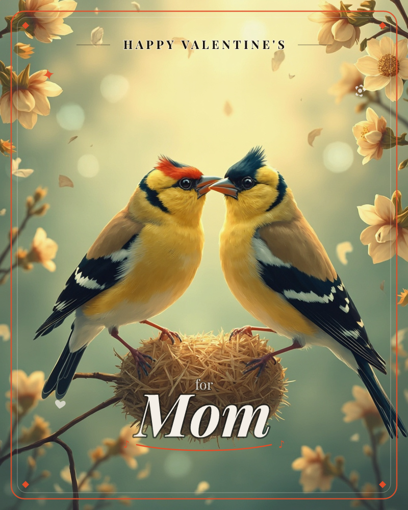 Two goldfinches with black, yellow, and white wings perch beak to beak atop a woven straw nest, framed by pale blossom branches drifting petals, a valentine e-card design