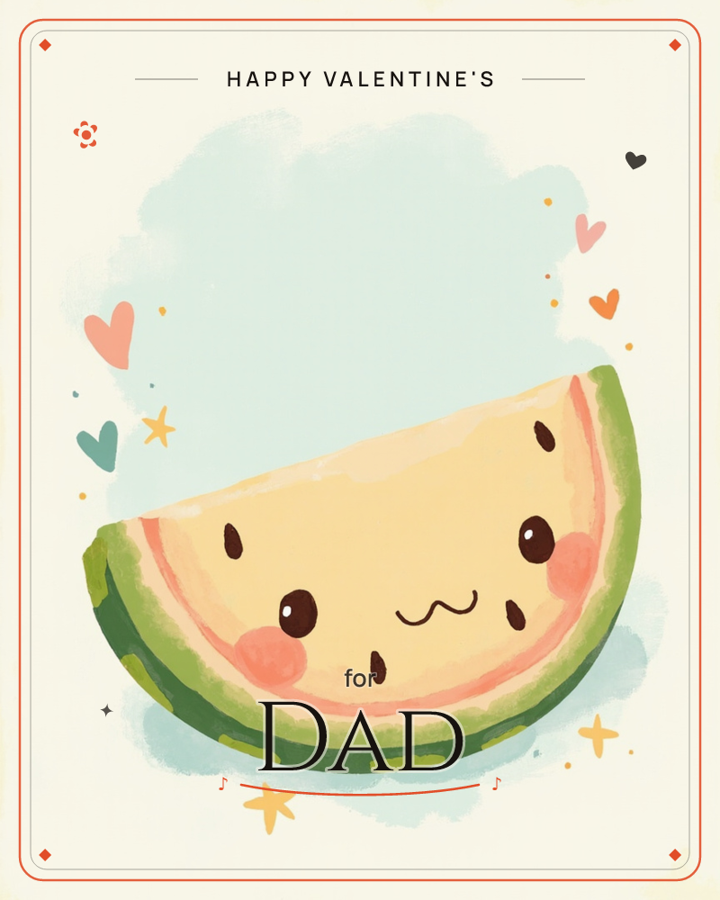 A cheerful slice of yellow watermelon sits front and centre with a rosy-cheeked smiling face, its green rind curved like a grin, a valentine e-card design