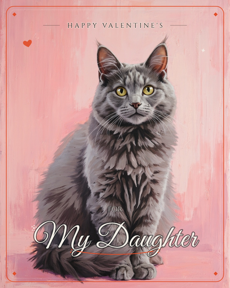A long-haired grey cat sits bolt upright against a blush-pink backdrop, its tail curled neatly around its front paws, a valentine e-card design