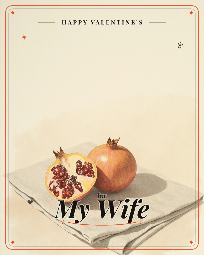 A quiet still life shows one whole pomegranate beside its halved twin, ruby seeds glistening against pale pith, both resting on a folded grey cloth, a valentine e-card design
