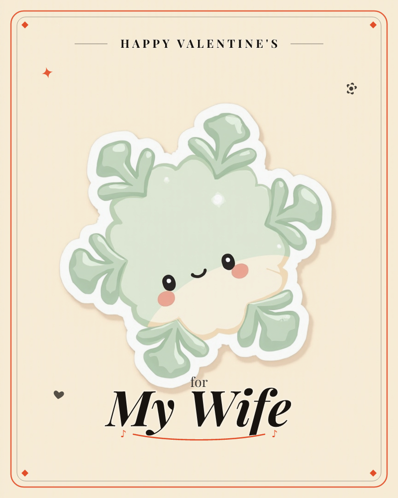 A round, sticker-style vegetable character sits centred on a soft cream background, its pale green leafy edges curling outward like a snowflake made of…, a valentine e-card design