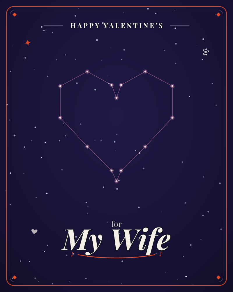 A deep indigo night sky is scattered with small stars, and among them a heart shape is traced out like a constellation, its points connected by fine…, a valentine e-card design by @DittyCityTeam