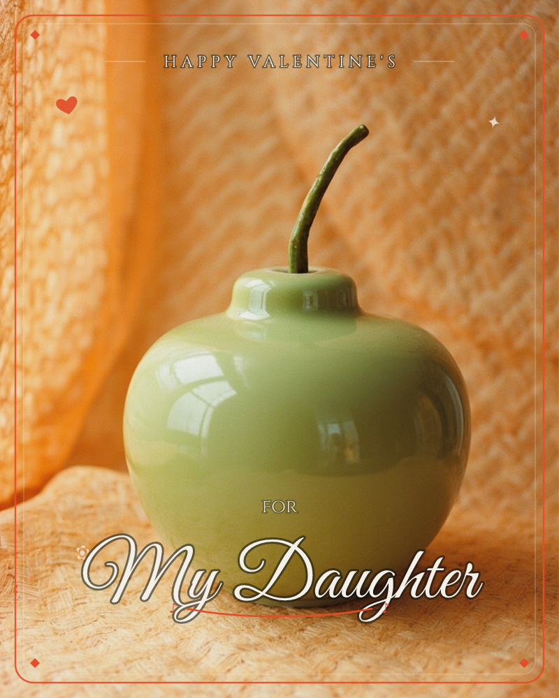 A glossy sage-green ceramic vessel with a bulbous body and a slender curved stem sits against a textured woven orange fabric backdrop, a valentine e-card design