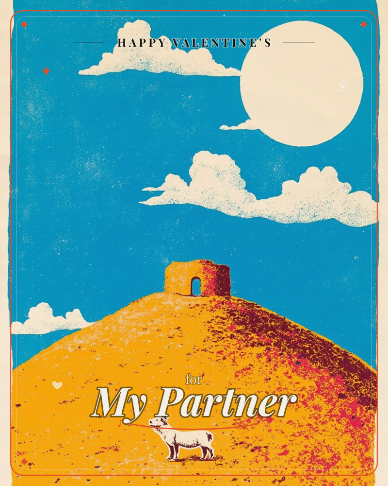 A small white dog stands alone on a golden, textured hillside beneath a huge cream-coloured sun and a bright teal sky scattered with puffy clouds, a valentine e-card design