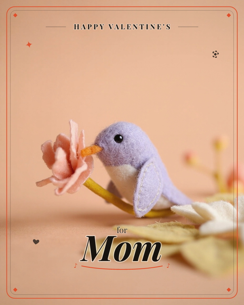 A tiny felt bluebird with a soft orange felt beak perches on a stem, nuzzling a blush-pink felt rose against a warm terracotta backdrop, a valentine e-card design