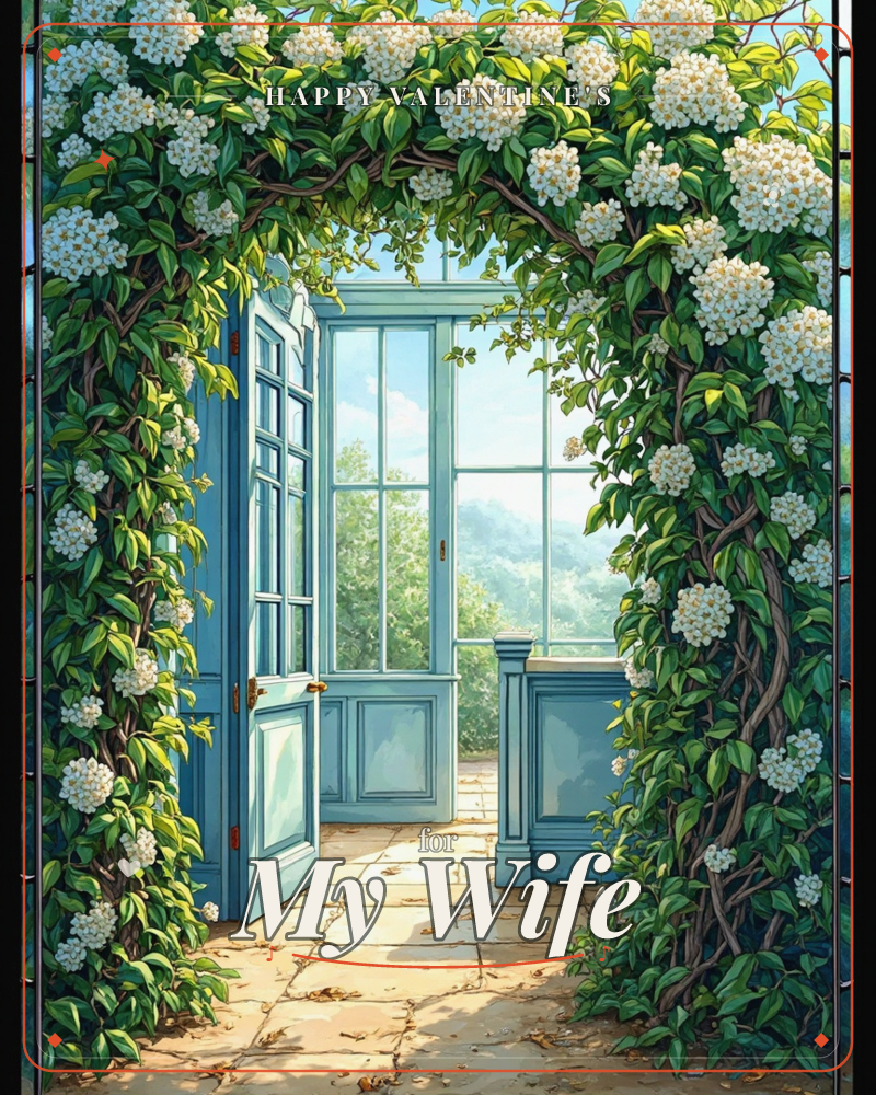 A pair of pale blue-green French doors stand open beneath an archway thick with climbing white hydrangea blossoms and glossy green leaves, a valentine e-card design