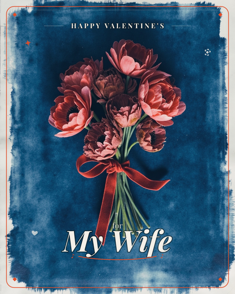 A hand-tied bouquet of deep coral and burgundy peonies and anemones sits against a rich indigo background with a bleached, brushy border like an old…, a valentine e-card design