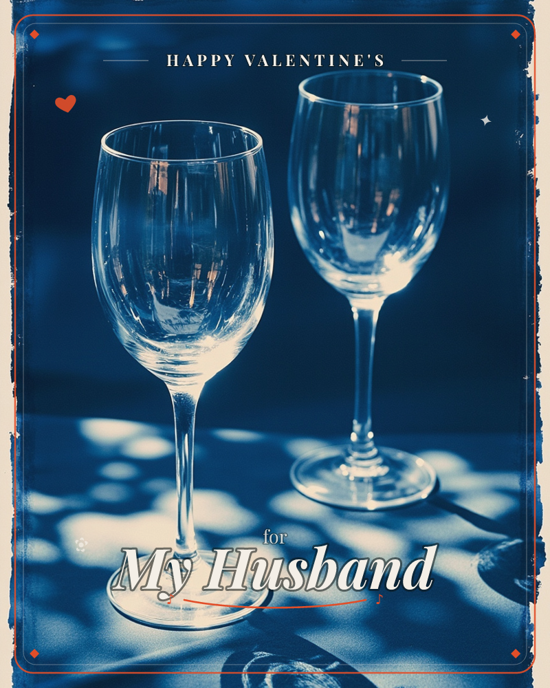 Two empty wine glasses stand together on a dark surface dappled with soft circles of light, photographed in deep indigo tones with a torn-edged border, a valentine e-card design