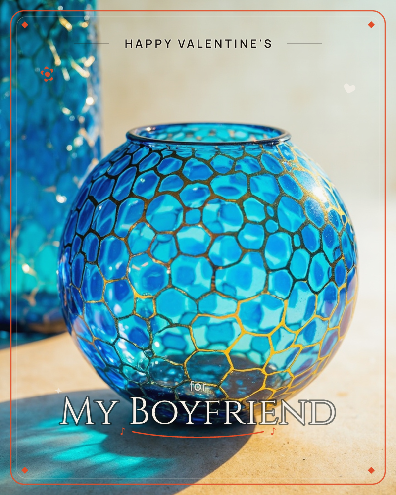A round blue glass vase sits in bright sunlight, its surface covered in a mosaic of turquoise and cobalt cells outlined in gold, a valentine e-card design