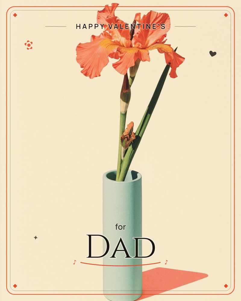 A single orange iris in full ruffled bloom stands in a slim, pale mint cylindrical vase against a warm cream backdrop, a valentine e-card design