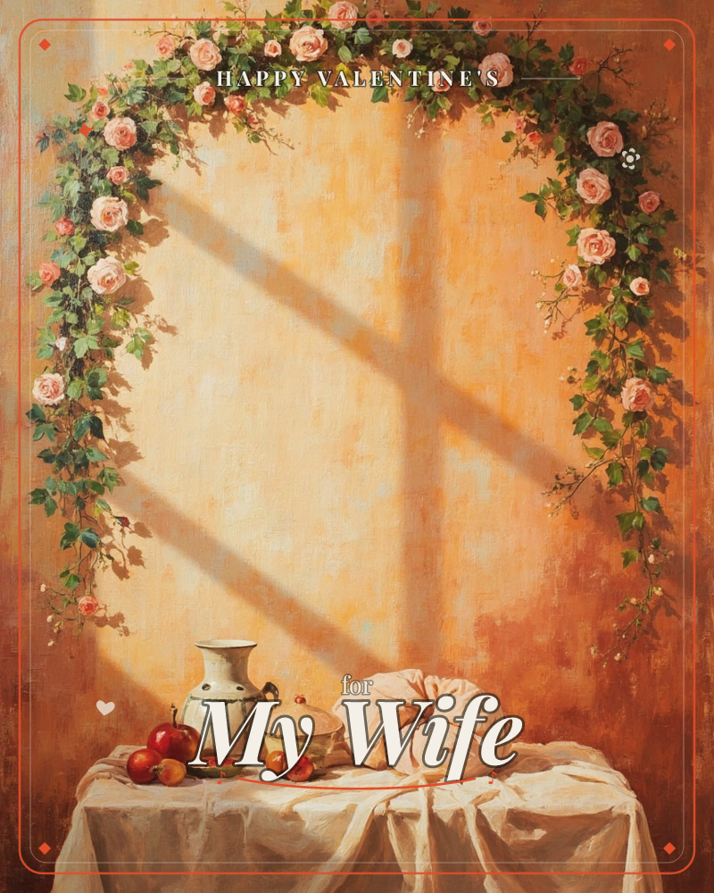 A sunlit ochre wall glows behind a still-life table, with a garland of pink roses and ivy arching overhead like a frame, a valentine e-card design